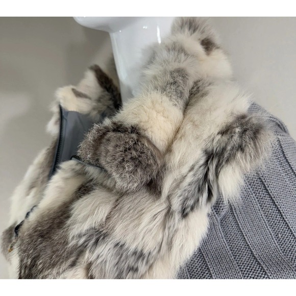 Essenza Y2K Real Lapin Fur Jacket Rabbit Fur Trim Zip Sweater Cardigan Size M - Picture 9 of 16